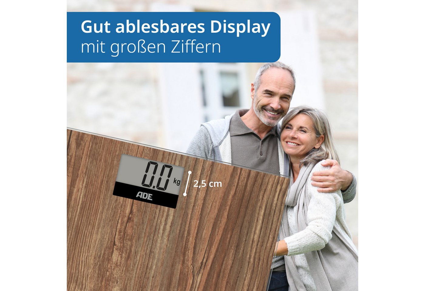 ADE Personenwaage digital, Körperwaage in gemütlicher Holzoptik, rutschhemmende Wiegefläche aus Sicherheitsglas, LCD-Display, bis 180kg – Bild 3 von 5