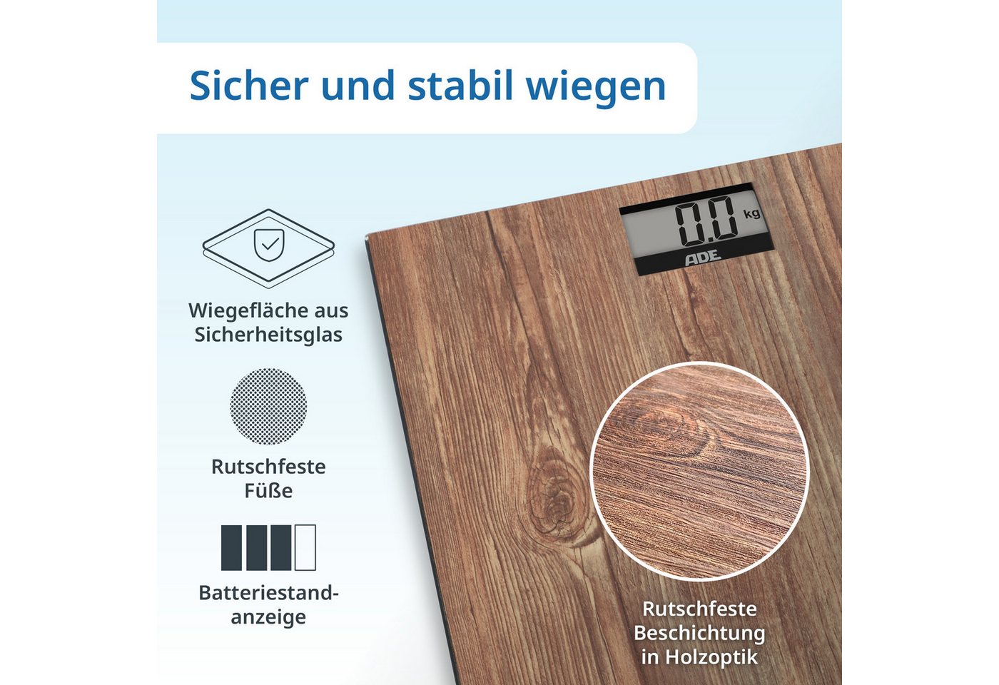 ADE Personenwaage digital, Körperwaage in gemütlicher Holzoptik, rutschhemmende Wiegefläche aus Sicherheitsglas, LCD-Display, bis 180kg – Bild 4 von 5