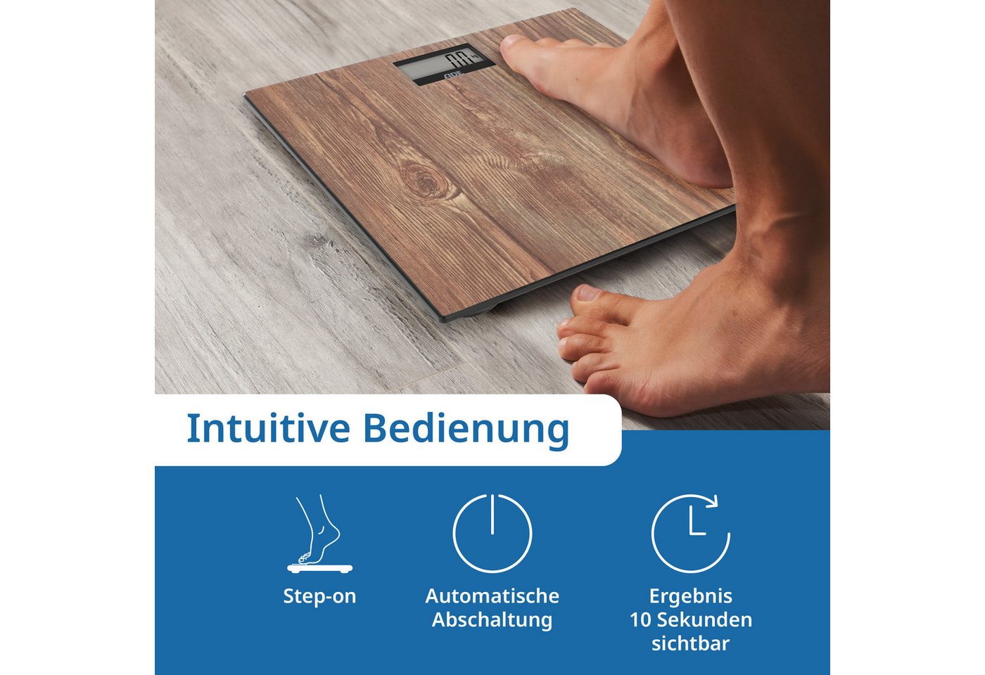 ADE Personenwaage digital, Körperwaage in gemütlicher Holzoptik, rutschhemmende Wiegefläche aus Sicherheitsglas, LCD-Display, bis 180kg – Bild 5 von 5