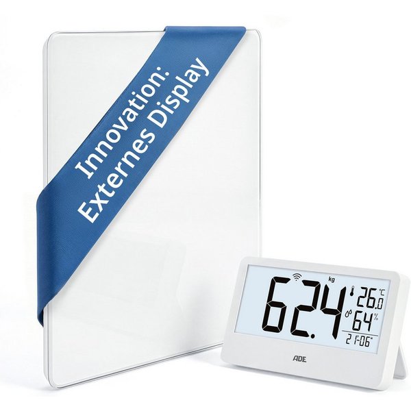 ADE Personenwaage digital mit externem Display, kabellose Funkübertragung, mit Uhrzeit, Thermometer, Hygrometer