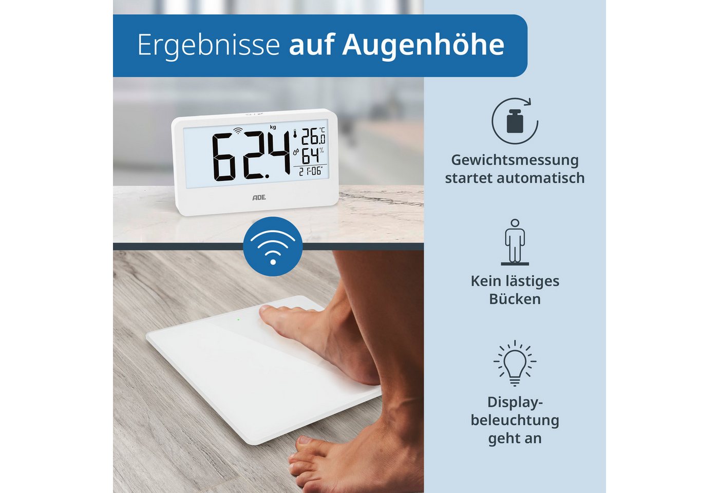 ADE Personenwaage digital mit externem Display, kabellose Funkübertragung, mit Uhrzeit, Thermometer, Hygrometer – Bild 3 von 5