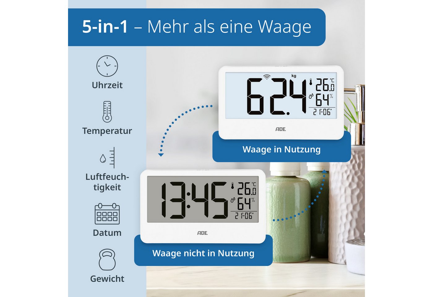 ADE Personenwaage digital mit externem Display, kabellose Funkübertragung, mit Uhrzeit, Thermometer, Hygrometer – Bild 4 von 5