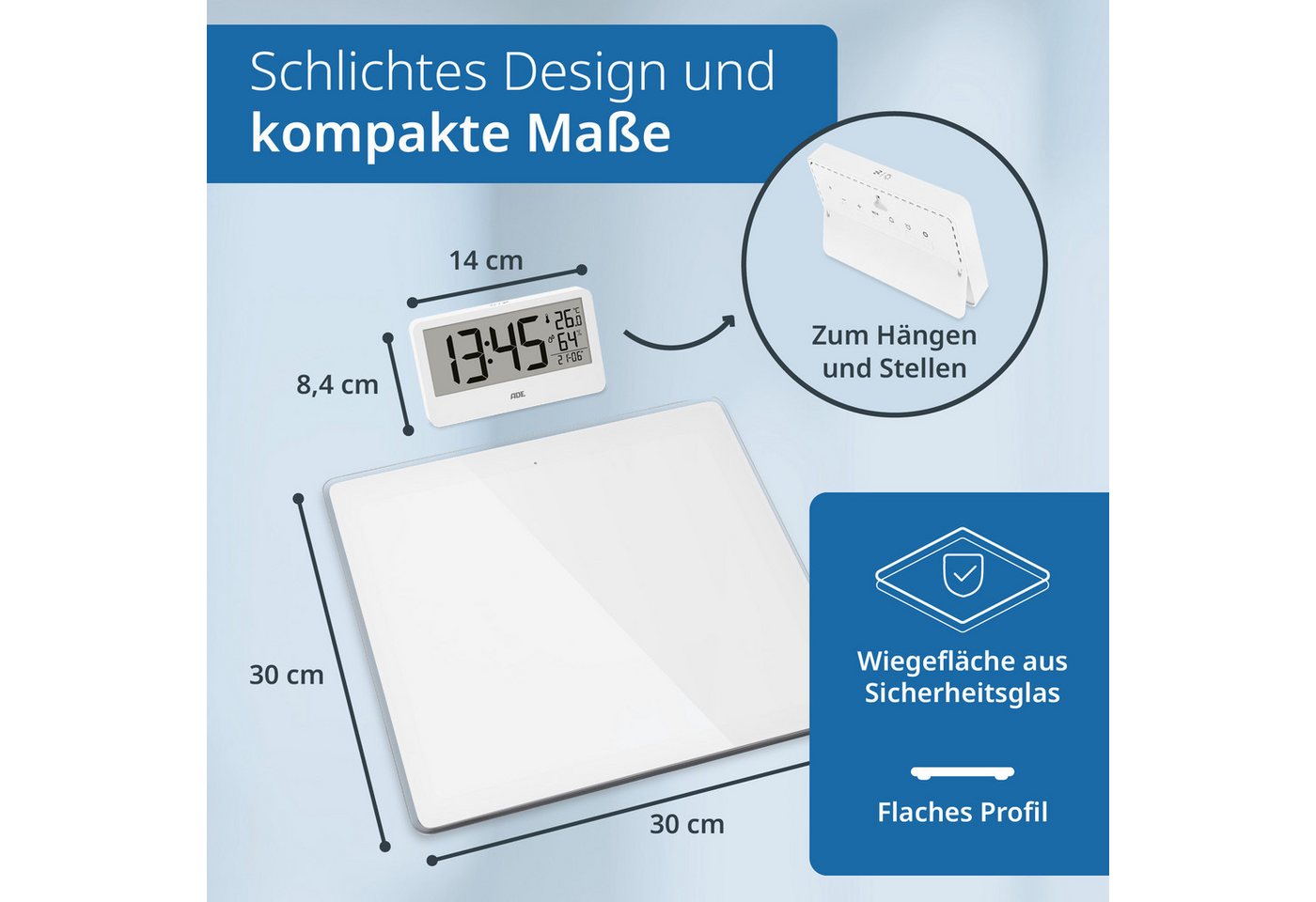 ADE Personenwaage digital mit externem Display, kabellose Funkübertragung, mit Uhrzeit, Thermometer, Hygrometer – Bild 5 von 5