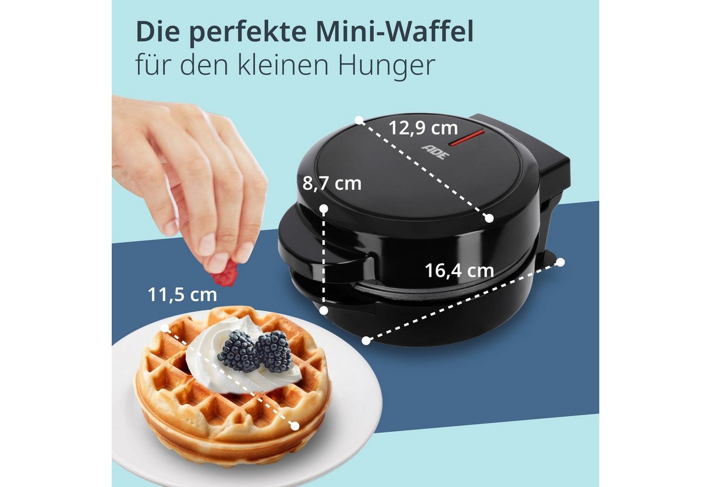 ADE Waffeleisen Mini Herzform oder runde Form für klassische belgische Waffeln, kleiner Waffelmaker mit Antihaftbeschichtung, Geburtstag, Valentinstag – Bild 2 von 5