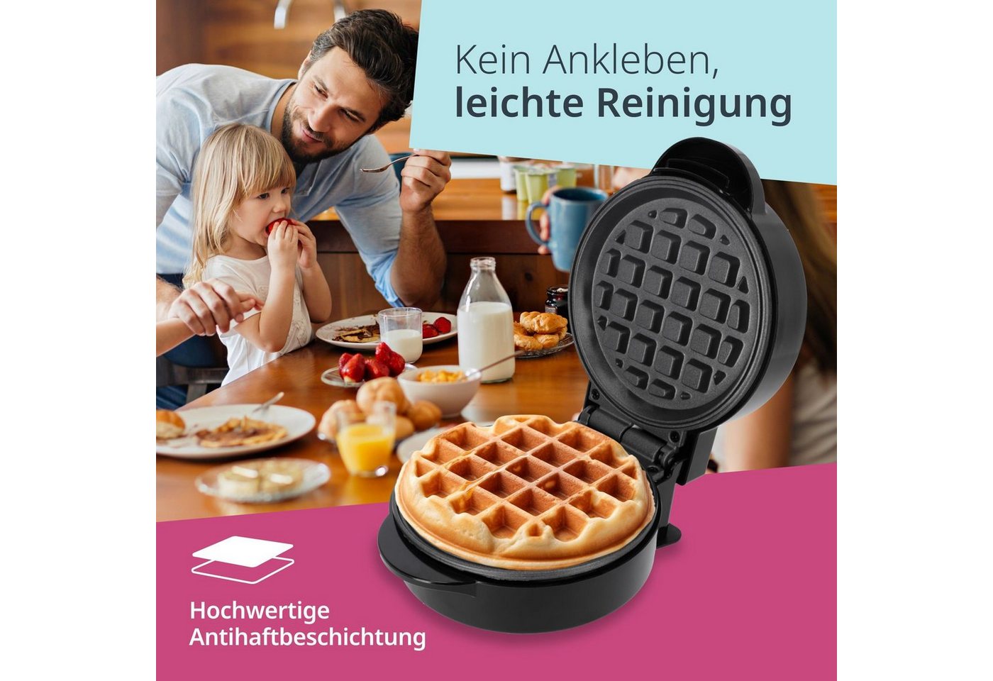 ADE Waffeleisen Mini Herzform oder runde Form für klassische belgische Waffeln, kleiner Waffelmaker mit Antihaftbeschichtung, Geburtstag, Valentinstag – Bild 4 von 5