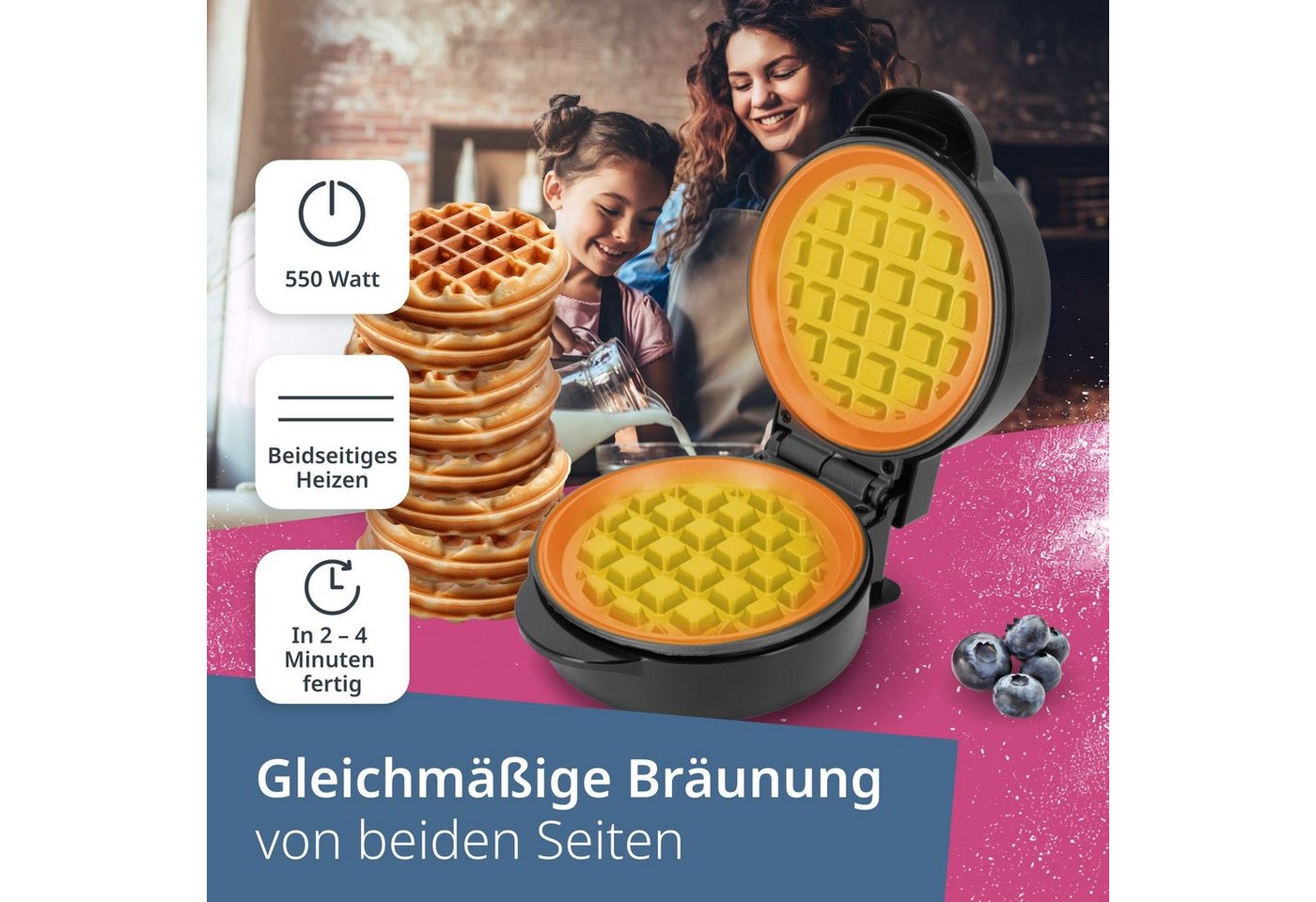 ADE Waffeleisen Mini Herzform oder runde Form für klassische belgische Waffeln, kleiner Waffelmaker mit Antihaftbeschichtung, Geburtstag, Valentinstag – Bild 5 von 5