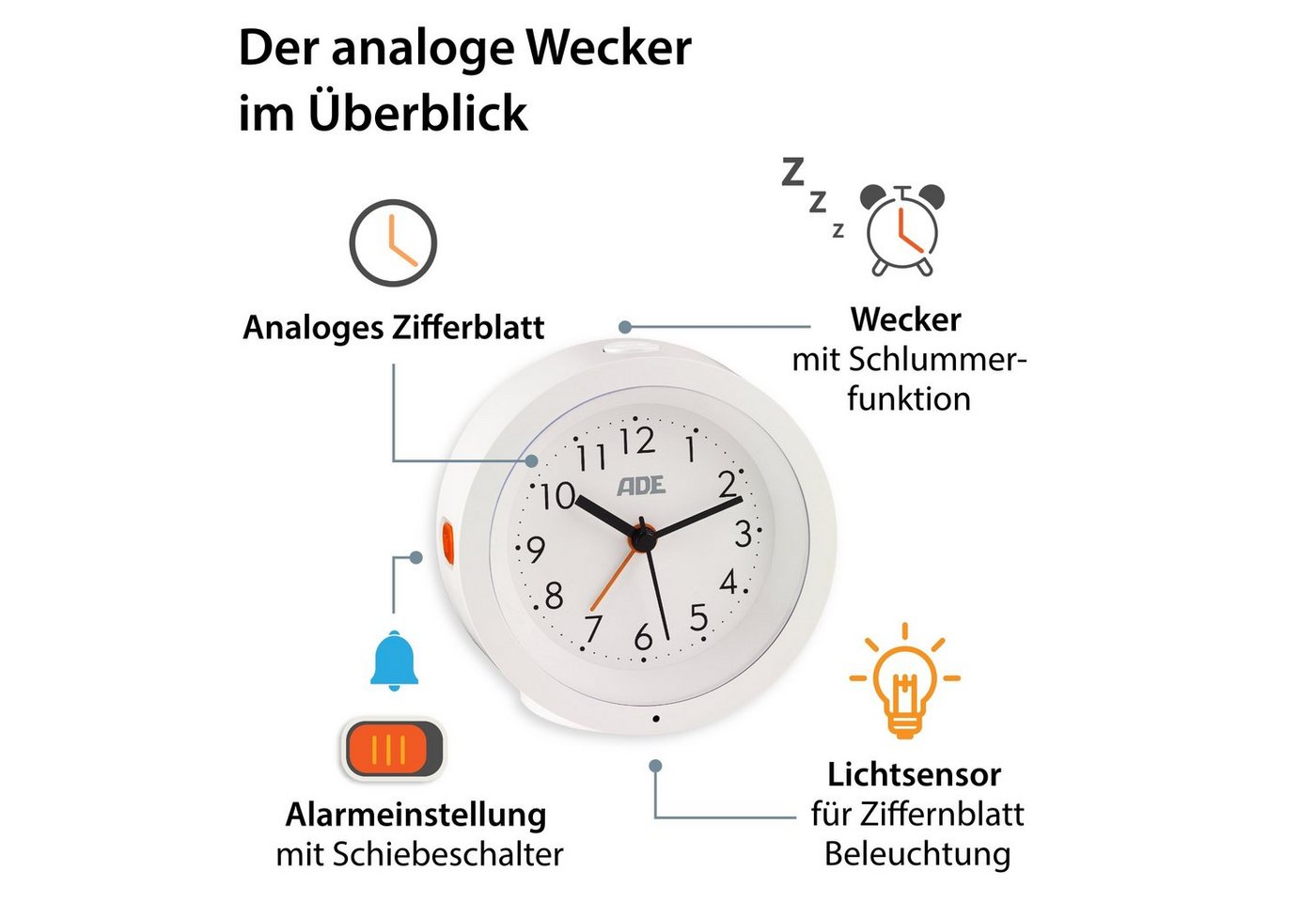 ADE Wecker Analoger Wecker ohne Ticken, geräuschlos mit automatischem Nachtlichtsensor, perfekt als Reisewecker – Bild 2 von 5