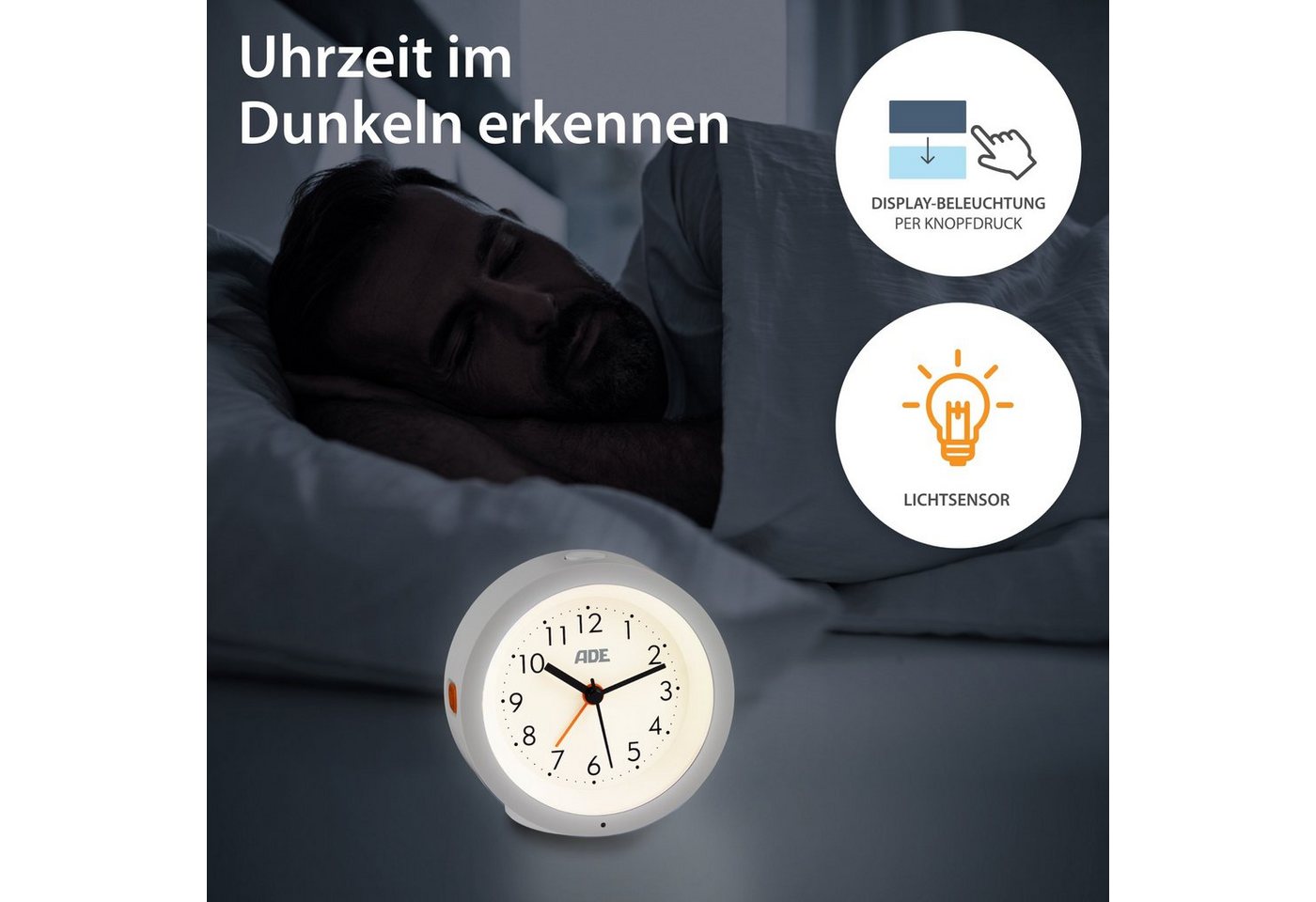 ADE Wecker Analoger Wecker ohne Ticken, geräuschlos mit automatischem Nachtlichtsensor, perfekt als Reisewecker – Bild 4 von 5