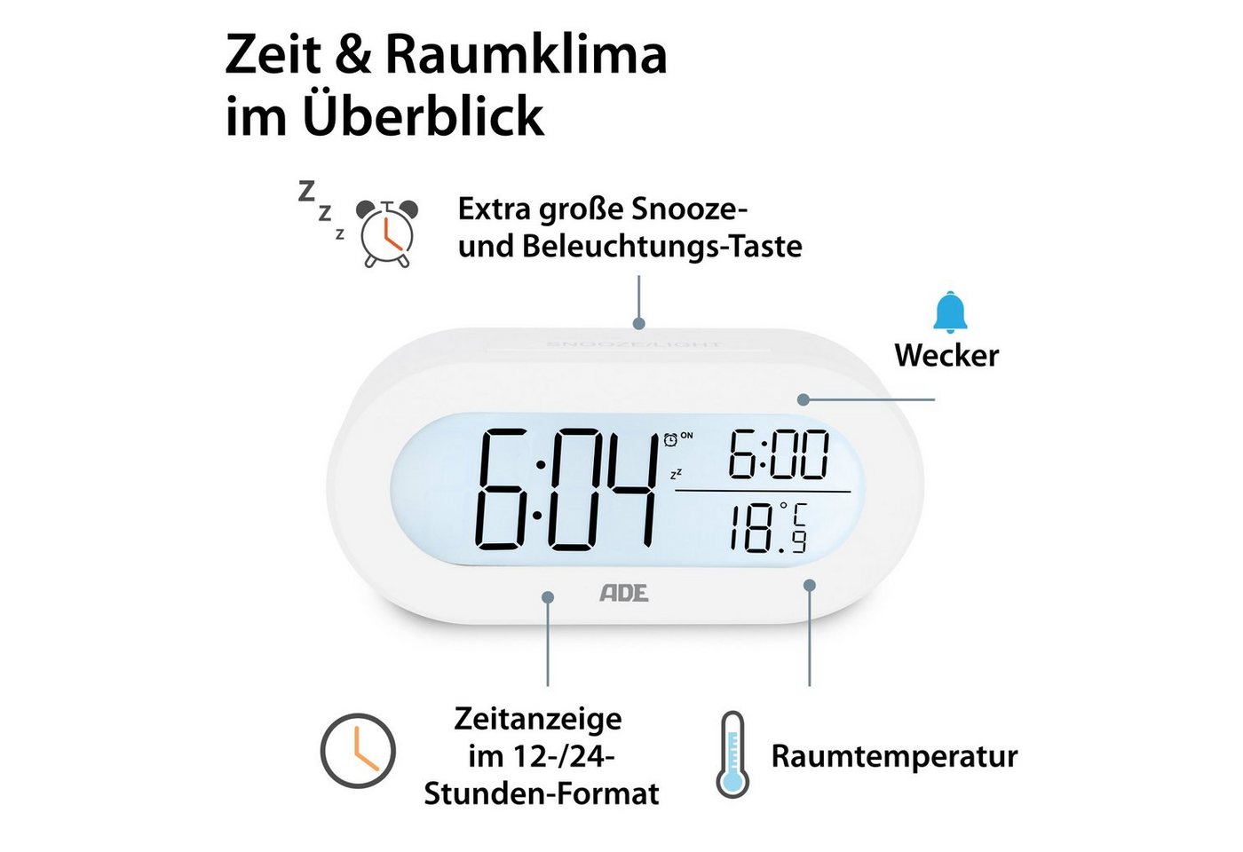 ADE Wecker digital mit Temperaturanzeige Schlummerfunktion, LCD-Display mit Hintergrundbeleuchtung – Bild 2 von 5