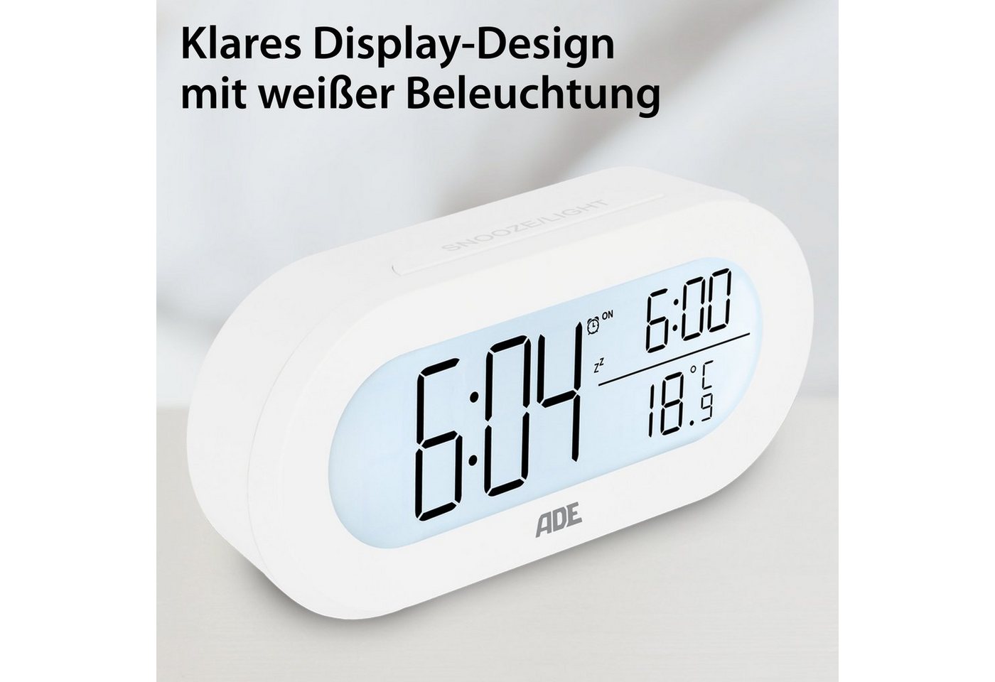 ADE Wecker digital mit Temperaturanzeige Schlummerfunktion, LCD-Display mit Hintergrundbeleuchtung – Bild 4 von 5