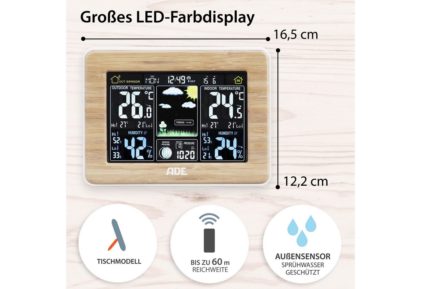 ADE Wetterstation Funk mit Außensensor, mit animierter Vorhersage Funkwetterstation (mit Barometer, LED-Farbdisplay, Funkwecker, Bambusrahmen) – Bild 2 von 5