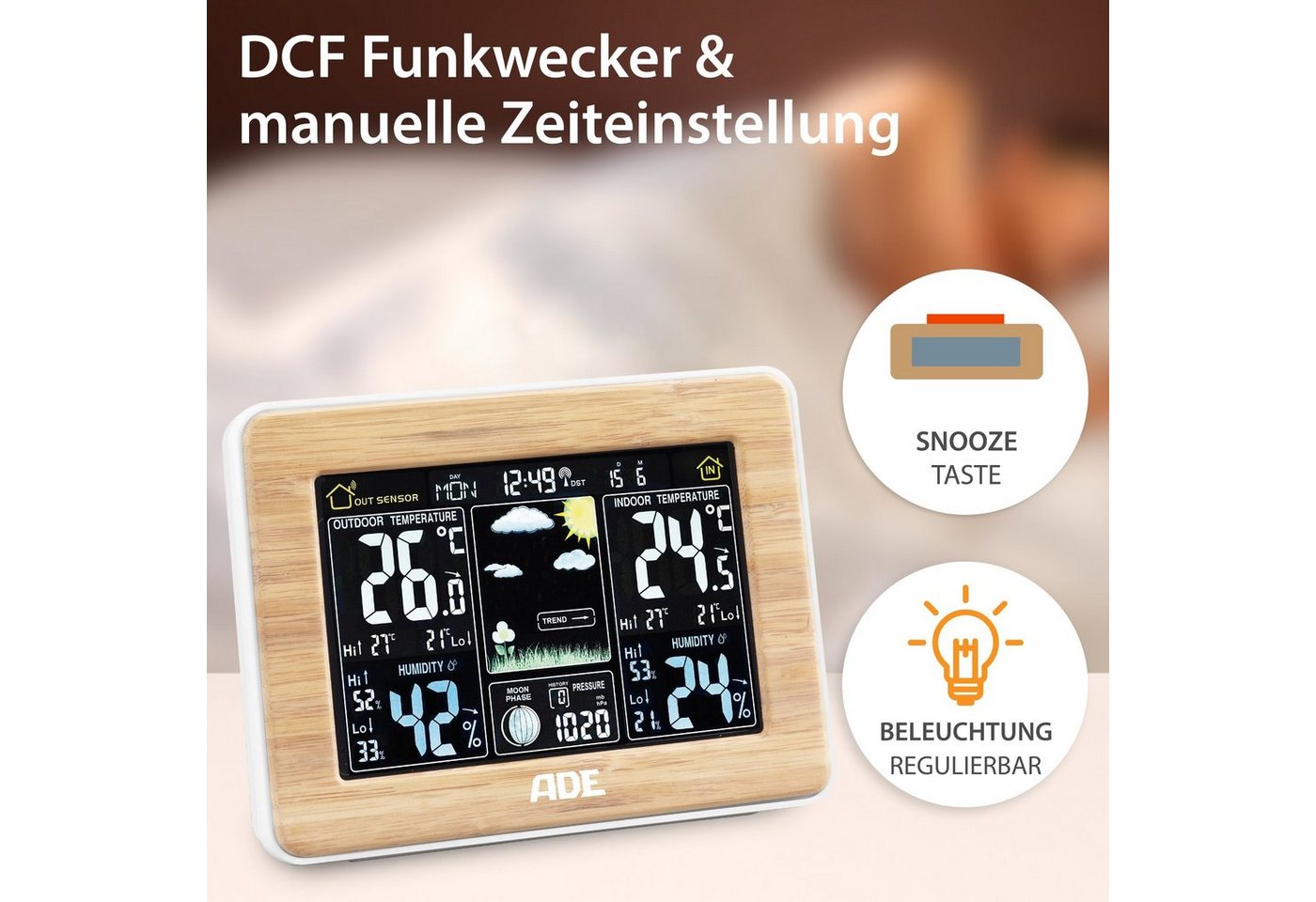 ADE Wetterstation Funk mit Außensensor, mit animierter Vorhersage Funkwetterstation (mit Barometer, LED-Farbdisplay, Funkwecker, Bambusrahmen) – Bild 4 von 5