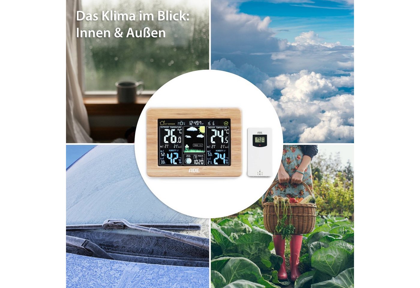 ADE Wetterstation Funk mit Außensensor, mit animierter Vorhersage Funkwetterstation (mit Barometer, LED-Farbdisplay, Funkwecker, Bambusrahmen) – Bild 5 von 5