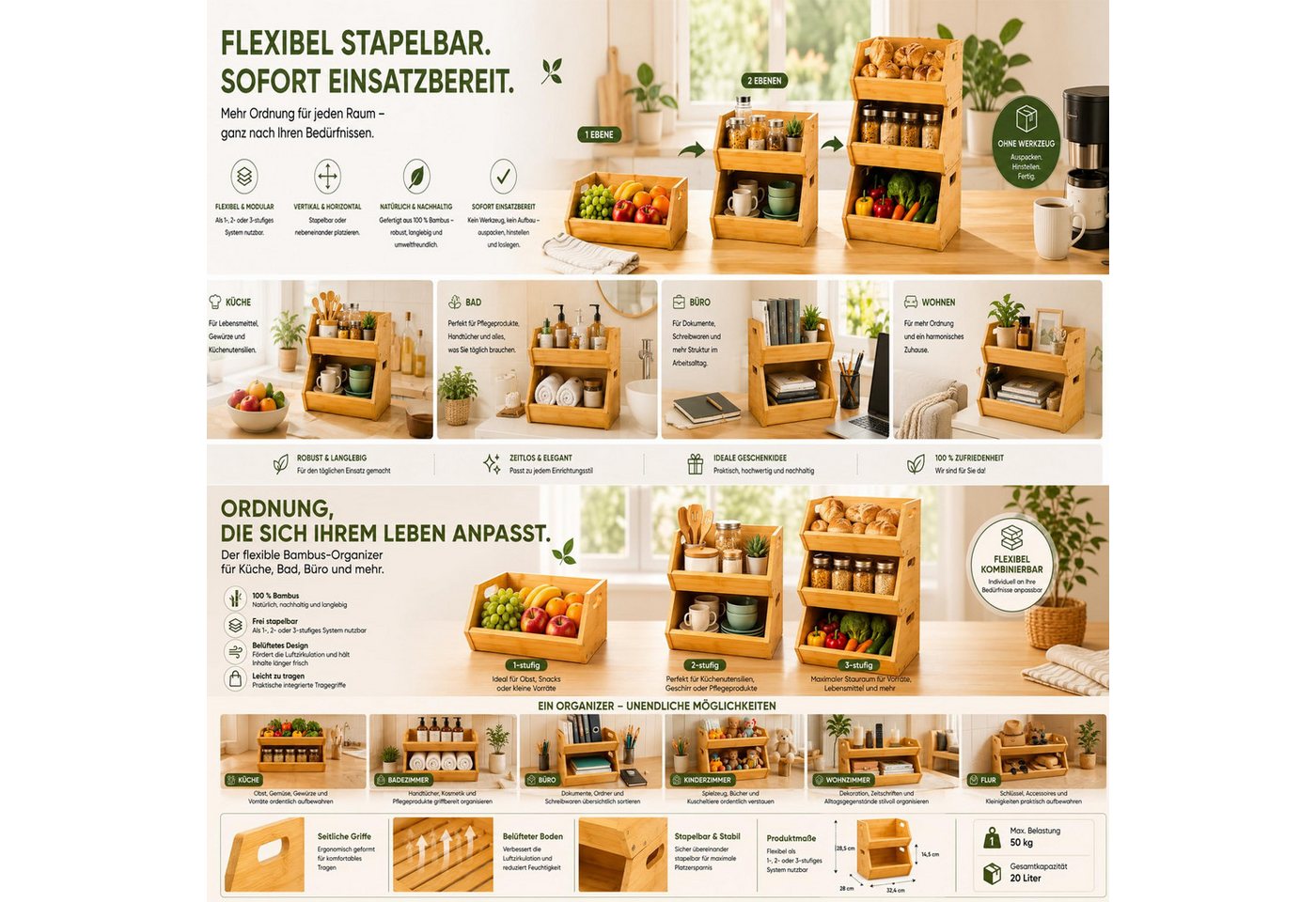 AdelDream Obstschale 2&3-stufiger Bambus Obstkorb, einzeln nutzbare Aufbewahrung, (2-tlg) – Bild 4 von 5
