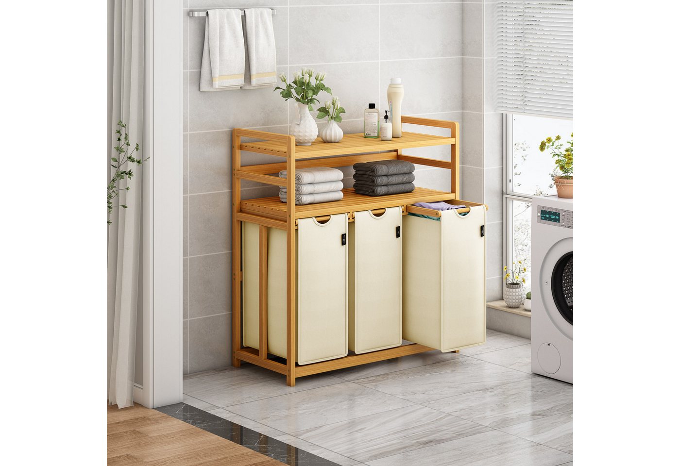 AdelDream Wäschekorb Wäschekorb 150L – 3 Fächer & 2 Regale – Bild 2 von 5