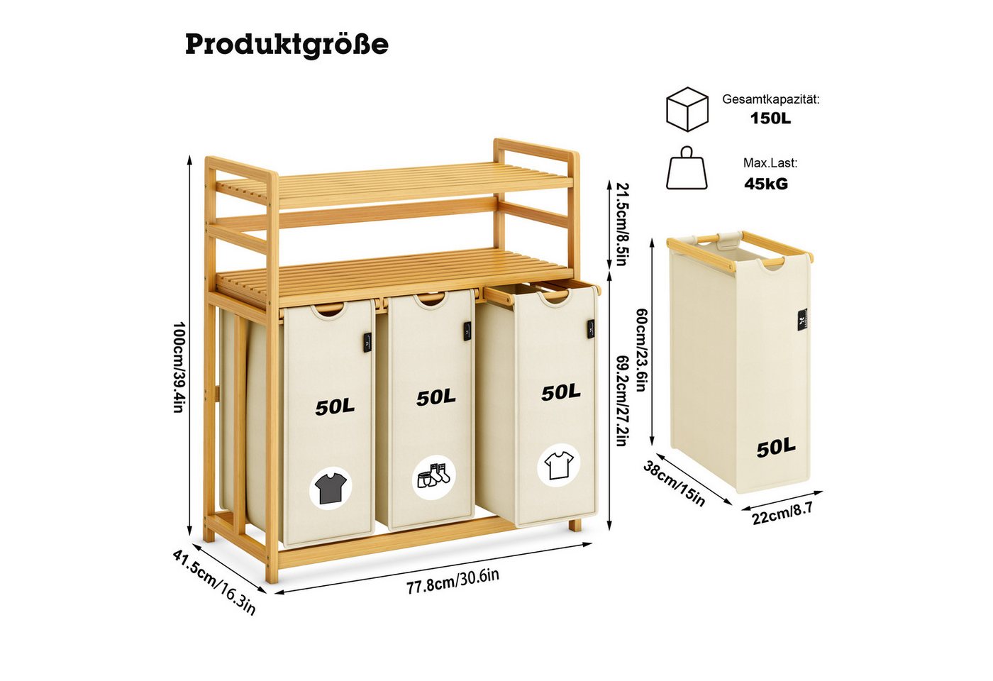 AdelDream Wäschekorb Wäschekorb 150L – 3 Fächer & 2 Regale – Bild 3 von 5