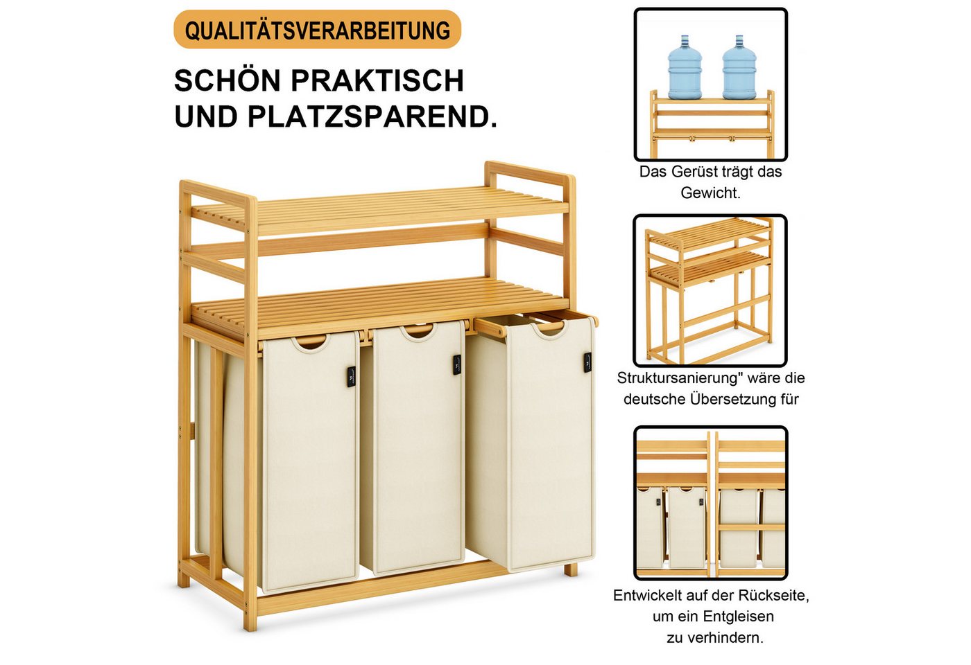 AdelDream Wäschekorb Wäschekorb 150L – 3 Fächer & 2 Regale – Bild 5 von 5