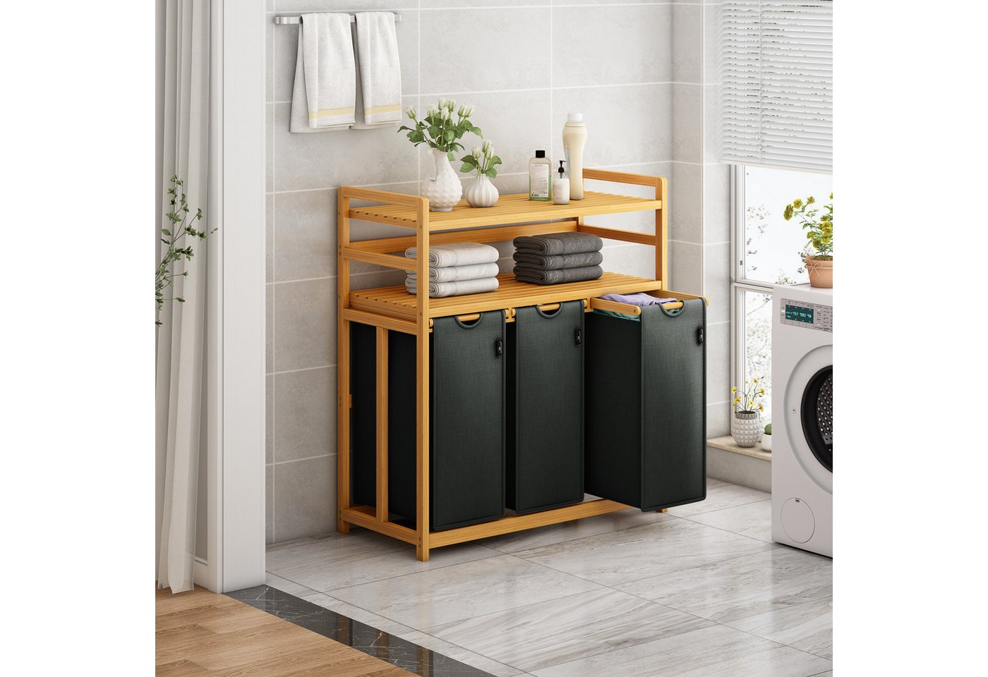 AdelDream Wäschekorb Wäschekorb 150L – 3 Fächer & 2 Regale – Bild 2 von 5