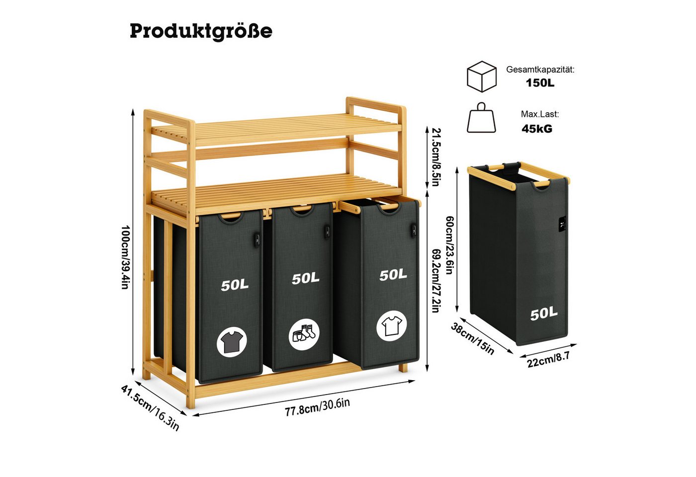 AdelDream Wäschekorb Wäschekorb 150L – 3 Fächer & 2 Regale – Bild 3 von 5