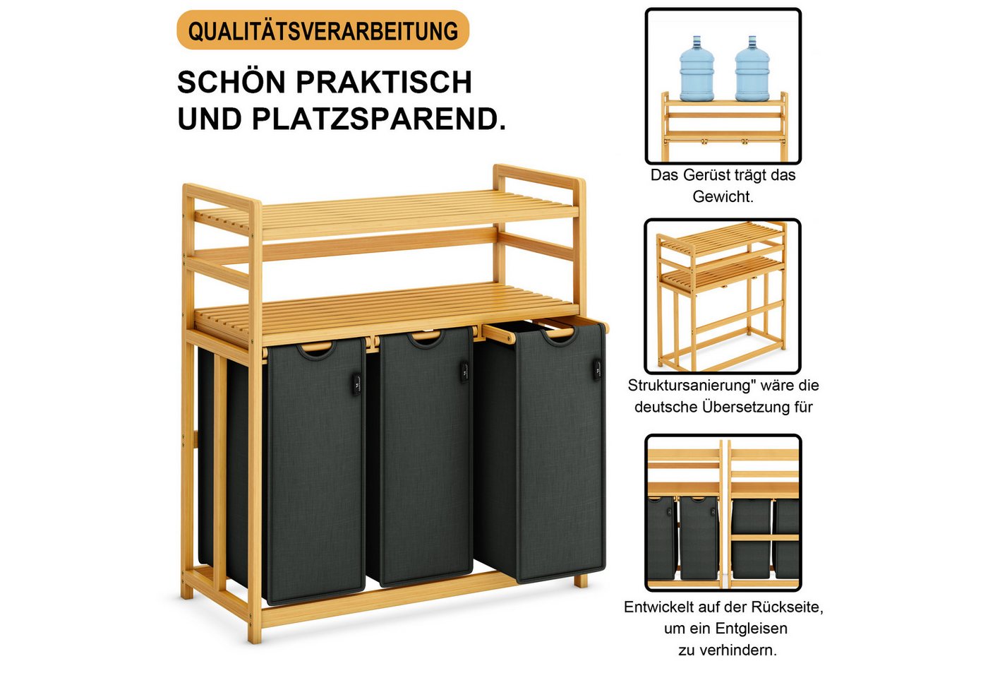 AdelDream Wäschekorb Wäschekorb 150L – 3 Fächer & 2 Regale – Bild 4 von 5