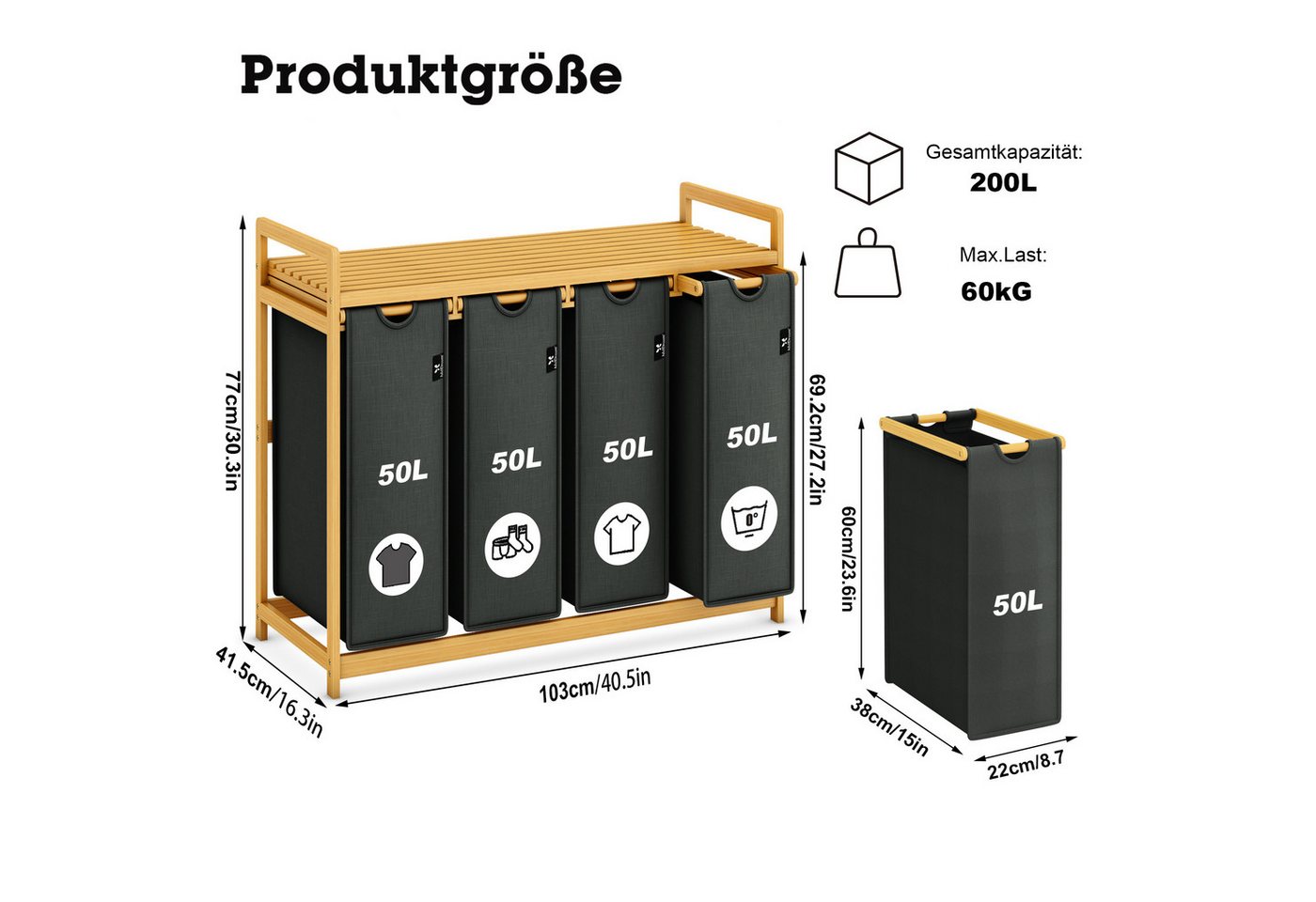 AdelDream Wäschekorb mit Bambusrahmen,200 l, 4 Fächer,Wäschesortierer – Bild 2 von 5