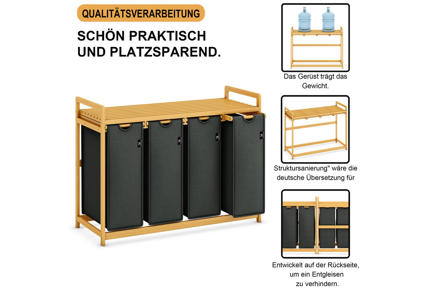 AdelDream Wäschekorb mit Bambusrahmen,200 l, 4 Fächer,Wäschesortierer – Bild 3 von 5