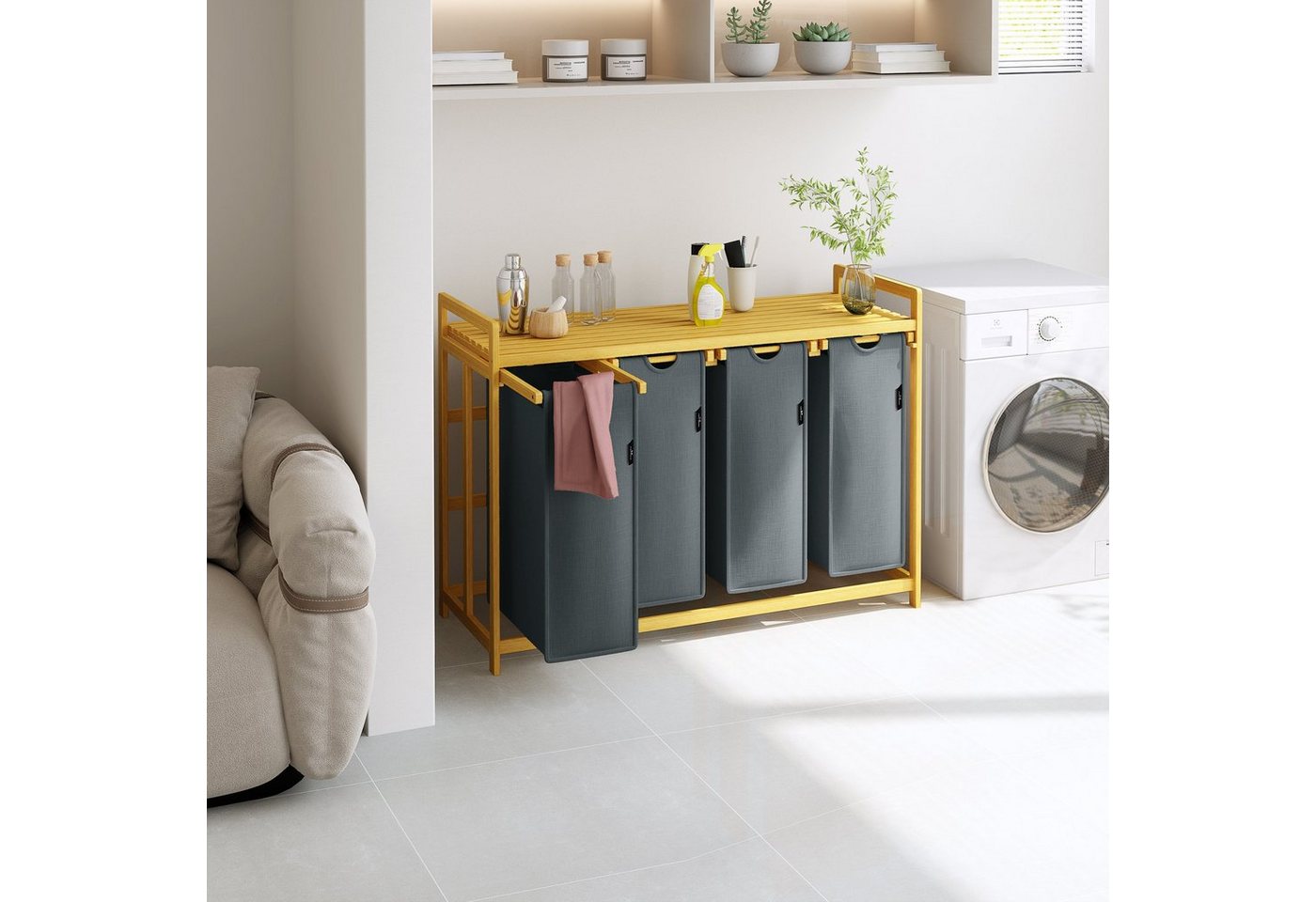 AdelDream Wäschekorb mit Bambusrahmen,200 l, 4 Fächer,Wäschesortierer – Bild 5 von 5