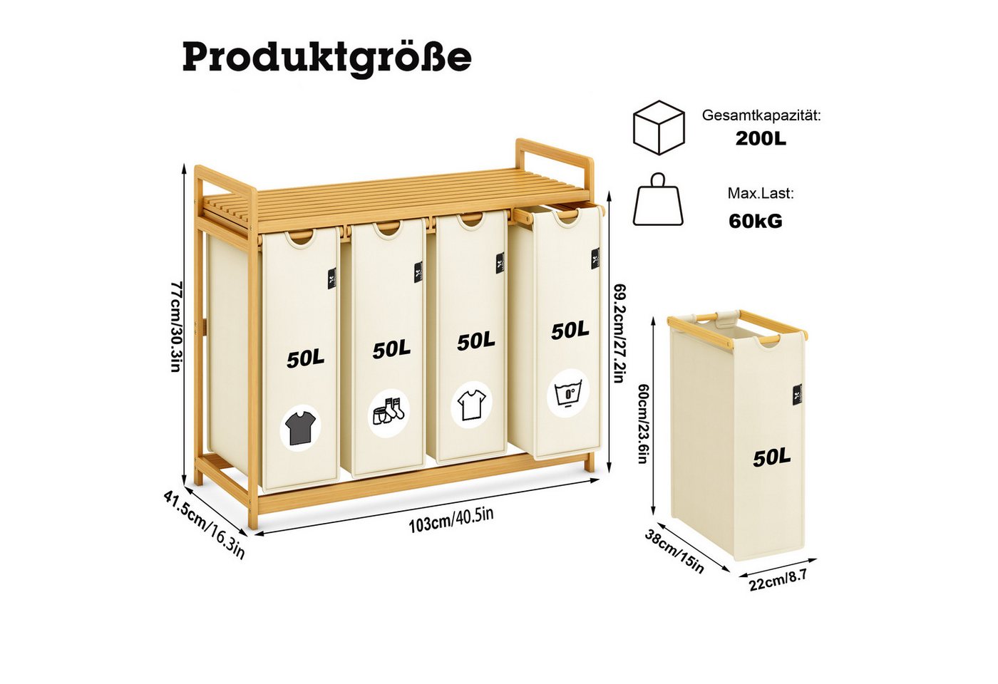 AdelDream Wäschekorb mit Bambusrahmen,200 l, 4 Fächer,Wäschesortierer – Bild 2 von 5