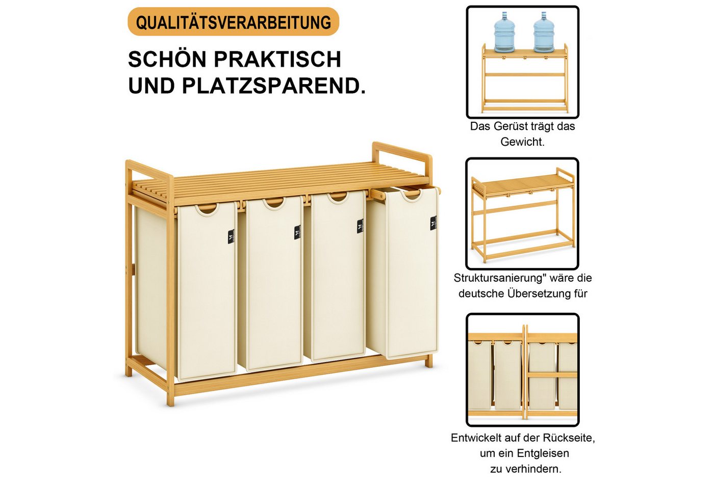 AdelDream Wäschekorb mit Bambusrahmen,200 l, 4 Fächer,Wäschesortierer – Bild 3 von 5