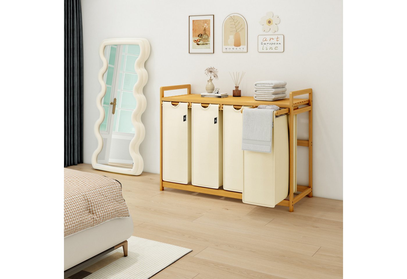AdelDream Wäschekorb mit Bambusrahmen,200 l, 4 Fächer,Wäschesortierer – Bild 4 von 5