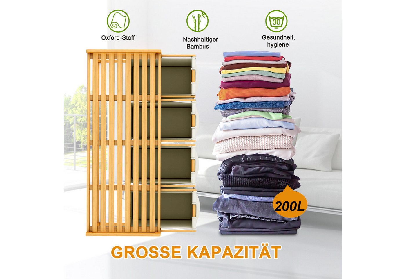 AdelDream Wäschekorb mit Bambusrahmen,200 l, 4 Fächer,Wäschesortierer – Bild 5 von 5