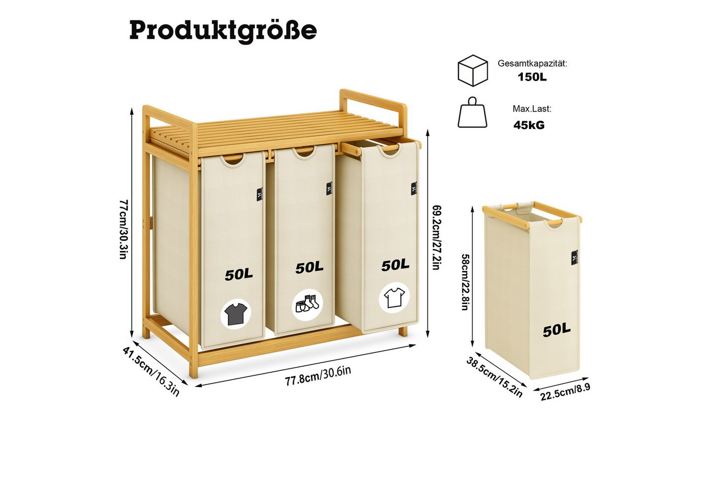 AdelDream Wäschekorb Wäschekörbe mit Bambusrahmen, 150 l, 3 Fächer – Bild 2 von 5
