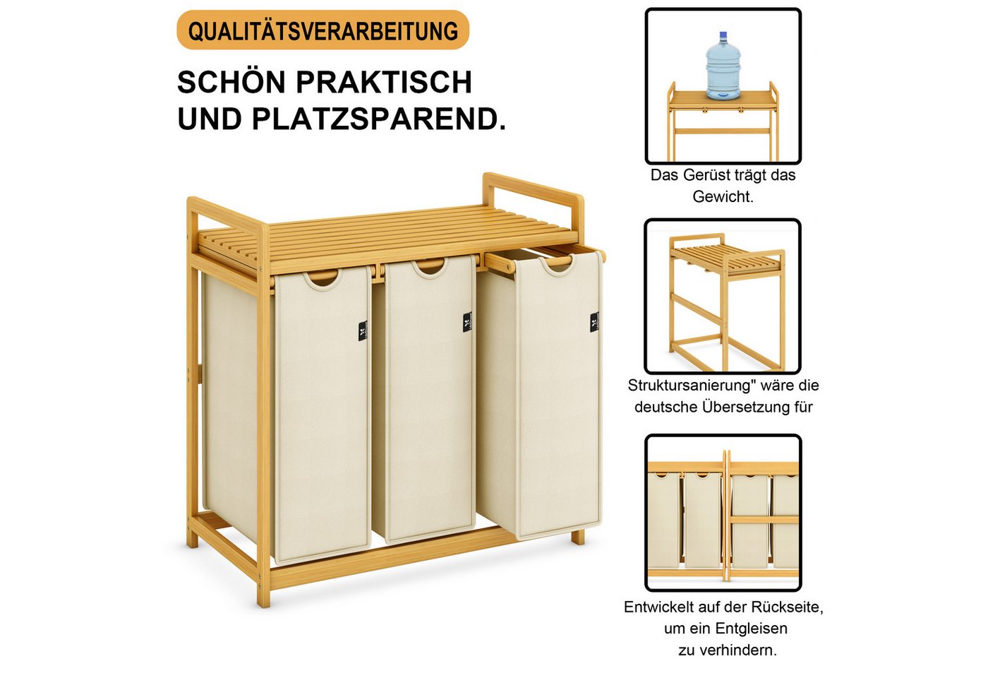 AdelDream Wäschekorb Wäschekörbe mit Bambusrahmen, 150 l, 3 Fächer – Bild 3 von 5