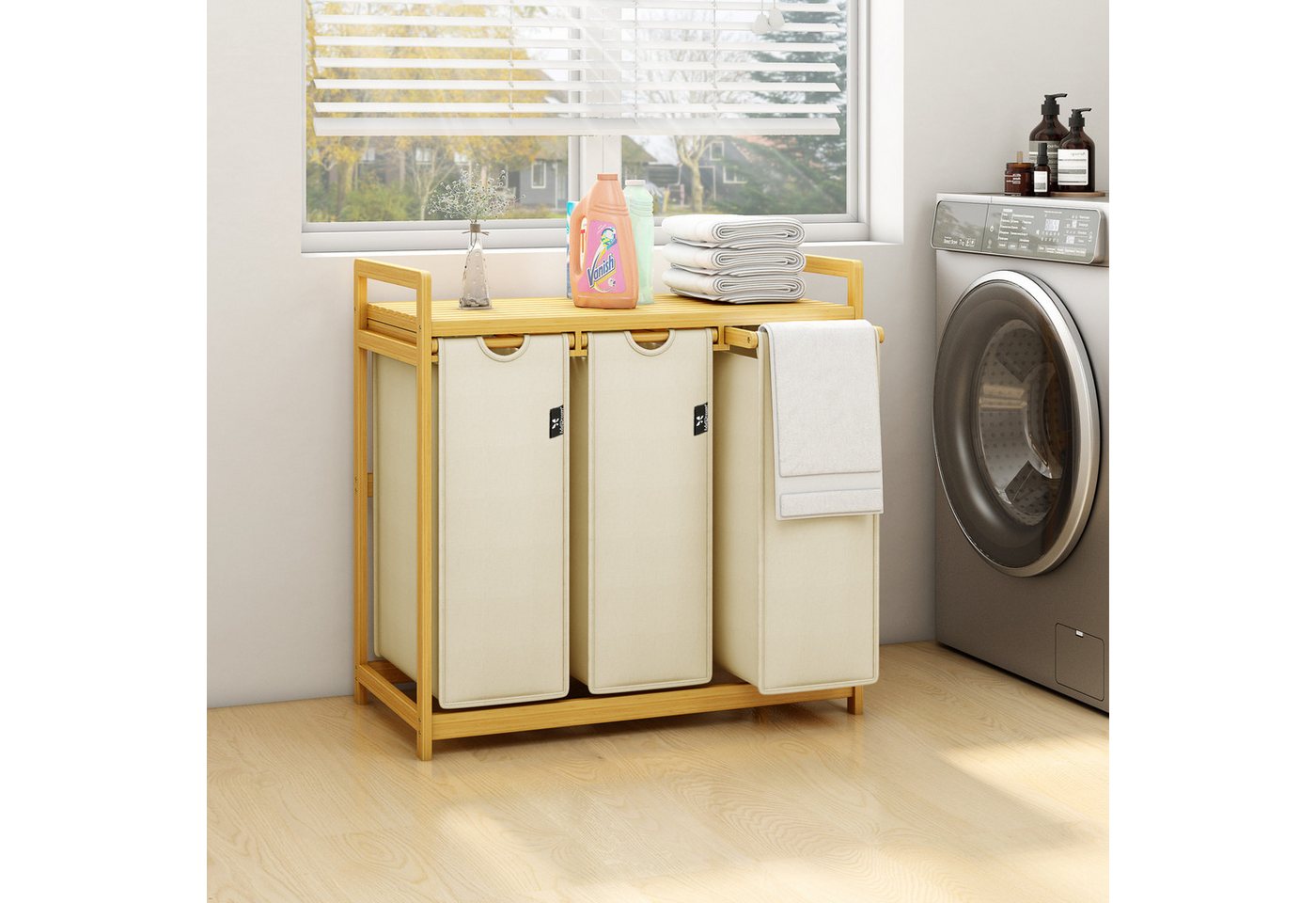 AdelDream Wäschekorb Wäschekörbe mit Bambusrahmen, 150 l, 3 Fächer – Bild 4 von 5