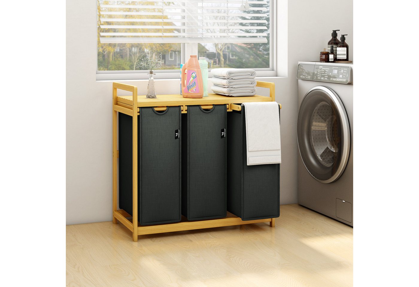 AdelDream Wäschekorb Wäschekörbe mit Bambusrahmen, 150 l, 3 Fächer – Bild 2 von 5