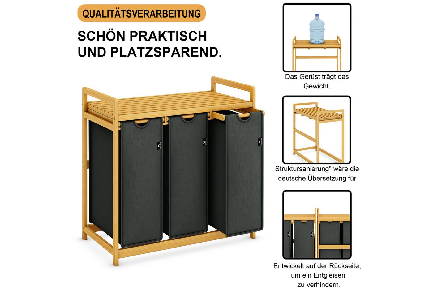 AdelDream Wäschekorb Wäschekörbe mit Bambusrahmen, 150 l, 3 Fächer – Bild 3 von 5