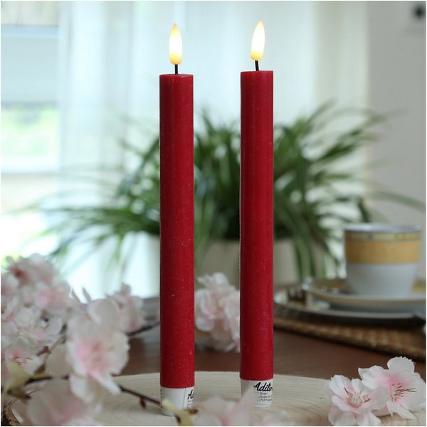 Adilina LED-Kerze LED Stabkerzen Tafelkerzen Dinner Spitzkerzen rustikal 24cm rot 2St, warmweiß (2100K bis 3000K)