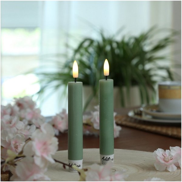 Adilina LED-Kerze LED Stabkerzen Tafelkerzen Dinner Spitzkerzen rustikal 16cm grün 2St, warmweiß (2100K bis 3000K)