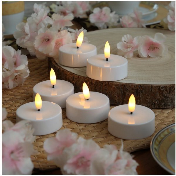 Adilina LED-Teelicht LED Maxi Teelichter Kunststoff 3D Flamme Timer D: 5,8cm weiß 6er Set, LED Classic, warmweiß (2100K bis 3000K)
