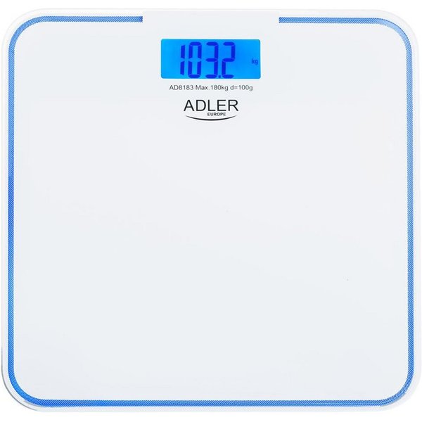 ADLER EUROPE Personenwaage AD 8183, Badezimmerwaage, 180kg, mit blauer Beleuchtung, Glasplattform
