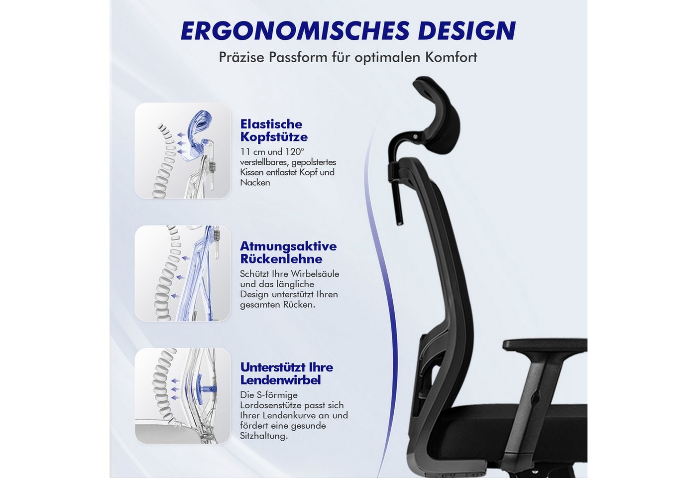 Adormii Bürostuhl bürostuhl ergonomisch,schreibtischstuhl mit verstellbarer Lendenstütze (Ergonomischer bürostuhl mit verstellbaren Armlehnen, büro stuhl bis zu – Bild 4 von 5