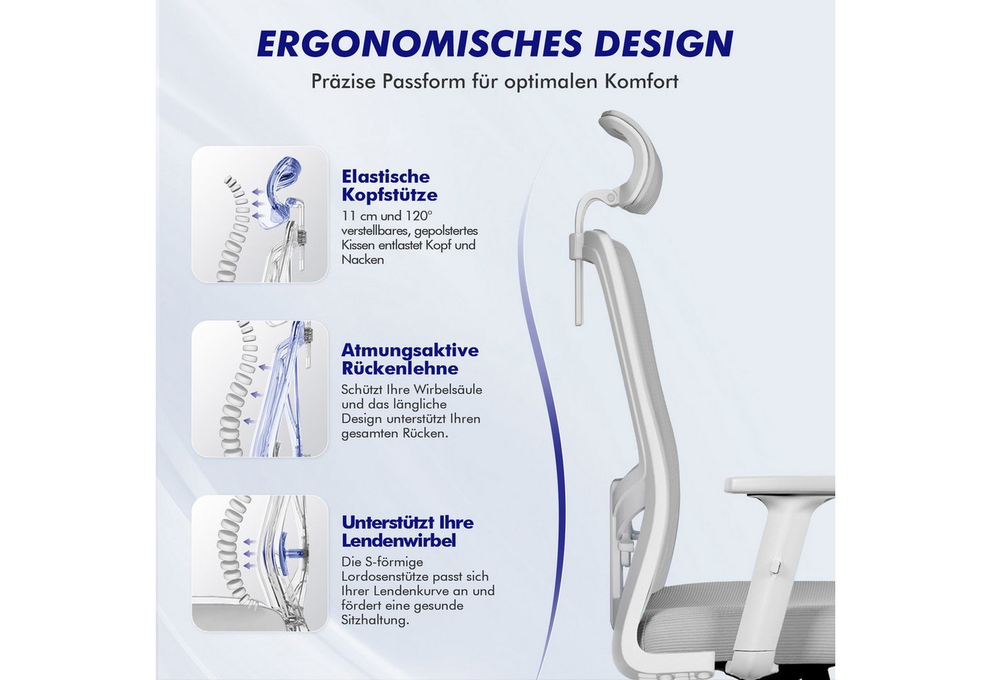 Adormii Bürostuhl Bürostuhl ergonomisch,schreibtischstuhl mit Metallfuß, stabil (Ergonomischer bürostuhl mit verstellbaren Armlehnen, büro stuhl bis zu 135° nei – Bild 2 von 5