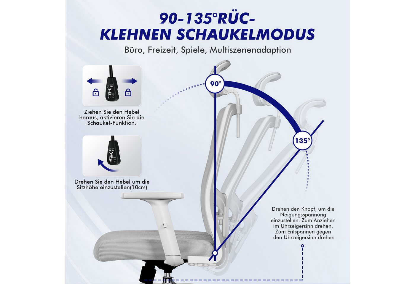 Adormii Bürostuhl Bürostuhl ergonomisch,schreibtischstuhl mit Metallfuß, stabil (Ergonomischer bürostuhl mit verstellbaren Armlehnen, büro stuhl bis zu 135° nei – Bild 3 von 5