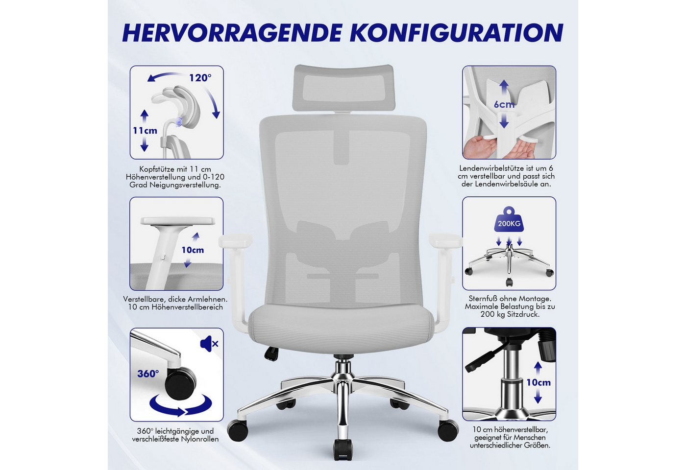 Adormii Bürostuhl Bürostuhl ergonomisch,schreibtischstuhl mit Metallfuß, stabil (Ergonomischer bürostuhl mit verstellbaren Armlehnen, büro stuhl bis zu 135° nei – Bild 5 von 5