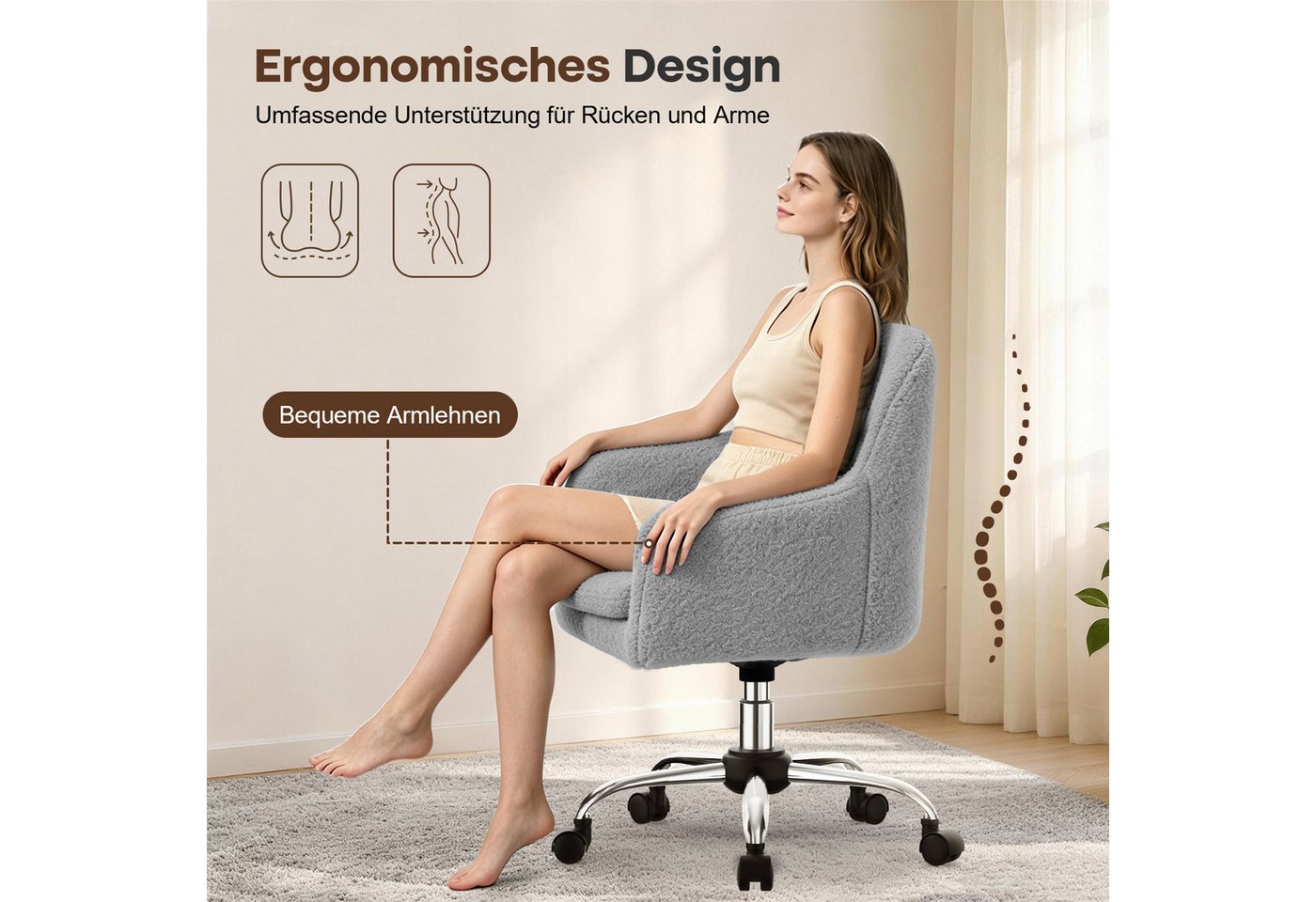 Adormii Bürostuhl Schminkstuhl,Homeoffice Stuhl mit Armlehnen,Drehstuhl mit Rrollen (Schreibtischstuhl,Boucle-Gewebe,höhenverstellbar,für Schminktisch,Arbeitszi – Bild 2 von 5