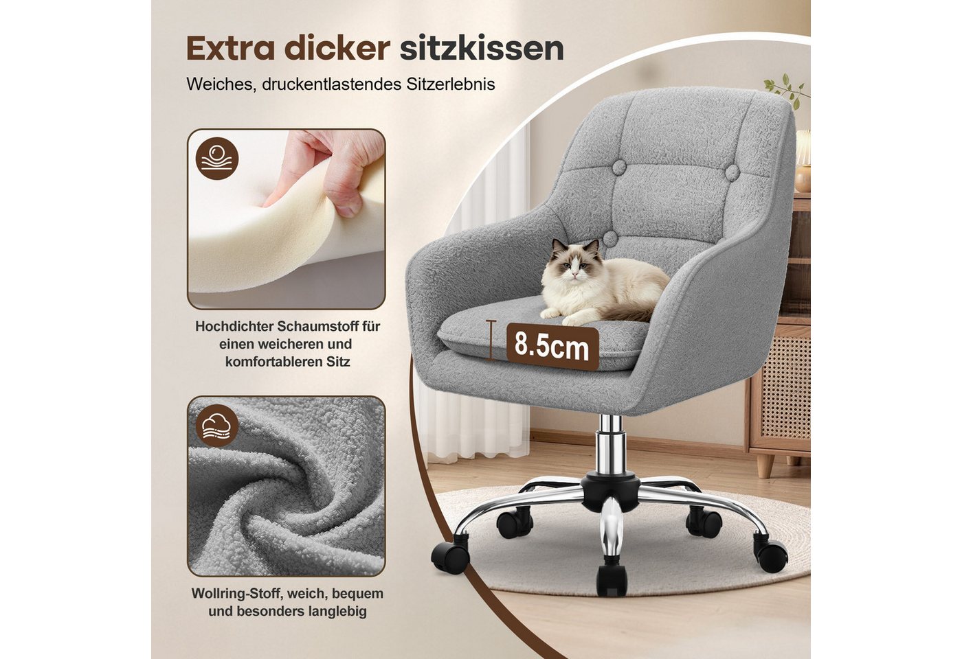 Adormii Bürostuhl Schminkstuhl,Homeoffice Stuhl mit Armlehnen,Drehstuhl mit Rrollen (Schreibtischstuhl,Boucle-Gewebe,höhenverstellbar,für Schminktisch,Arbeitszi – Bild 4 von 5