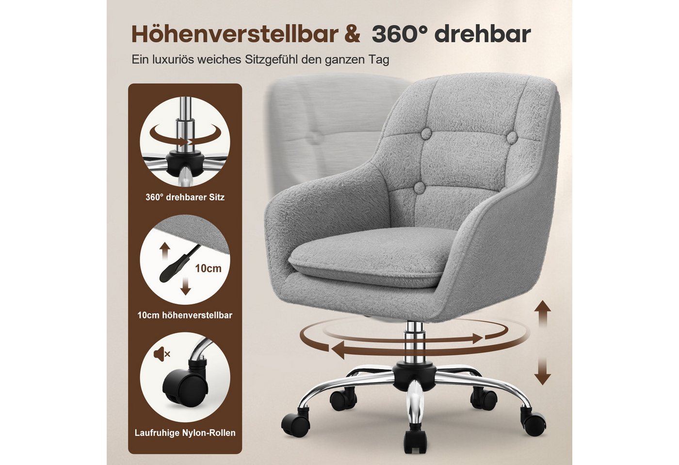Adormii Bürostuhl Schminkstuhl,Homeoffice Stuhl mit Armlehnen,Drehstuhl mit Rrollen (Schreibtischstuhl,Boucle-Gewebe,höhenverstellbar,für Schminktisch,Arbeitszi – Bild 5 von 5