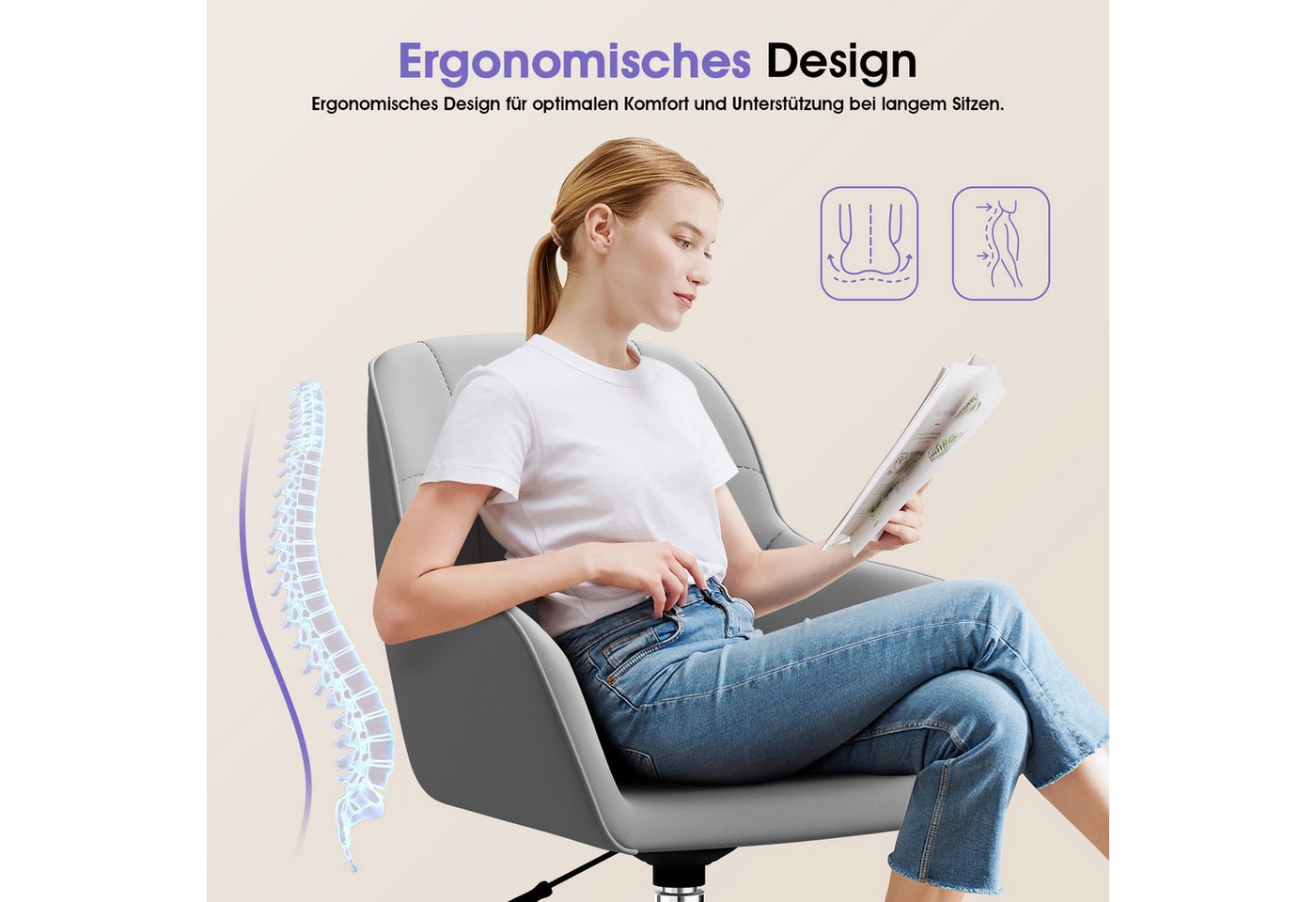 Adormii Bürostuhl Schminkstuhl,Homeoffice Stuhl mit Armlehnen,Drehstuhl mit Rrollen (Schreibtischstuhl,Boucle-Gewebe,höhenverstellbar,für Schminktisch,Arbeitszi – Bild 2 von 5