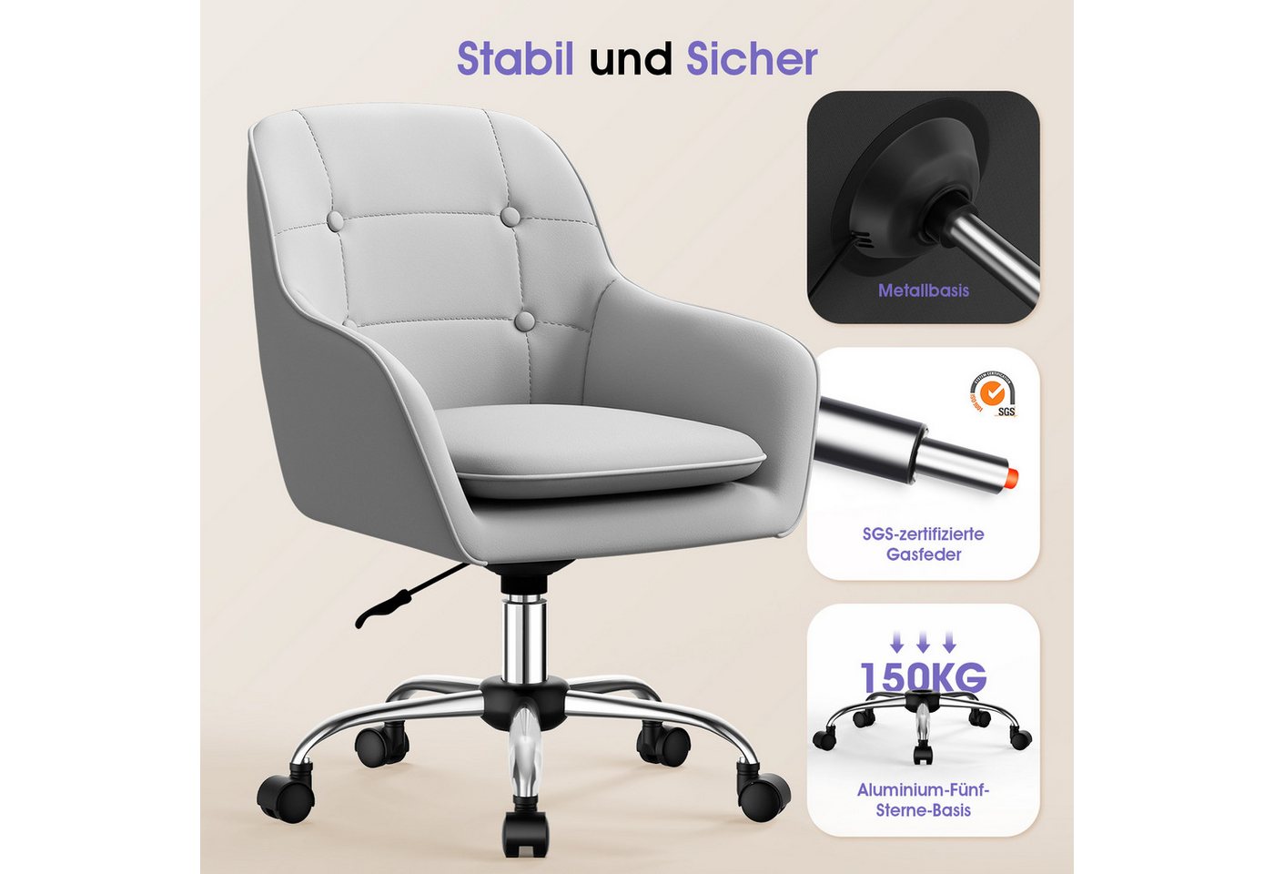 Adormii Bürostuhl Schminkstuhl,Homeoffice Stuhl mit Armlehnen,Drehstuhl mit Rrollen (Schreibtischstuhl,Boucle-Gewebe,höhenverstellbar,für Schminktisch,Arbeitszi – Bild 3 von 5