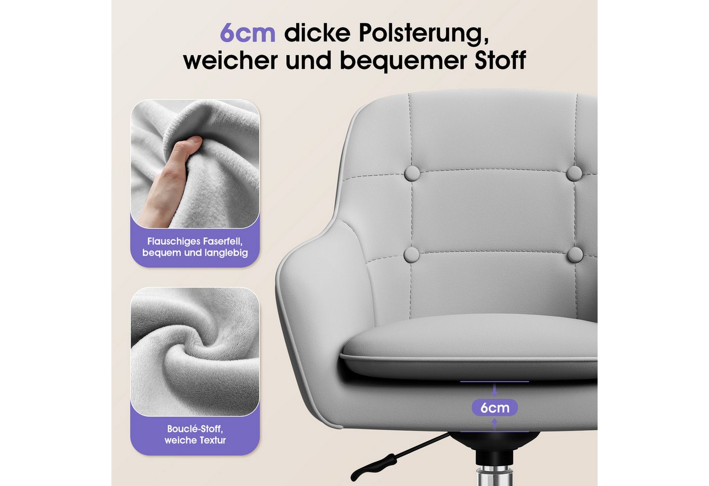 Adormii Bürostuhl Schminkstuhl,Homeoffice Stuhl mit Armlehnen,Drehstuhl mit Rrollen (Schreibtischstuhl,Boucle-Gewebe,höhenverstellbar,für Schminktisch,Arbeitszi – Bild 4 von 5